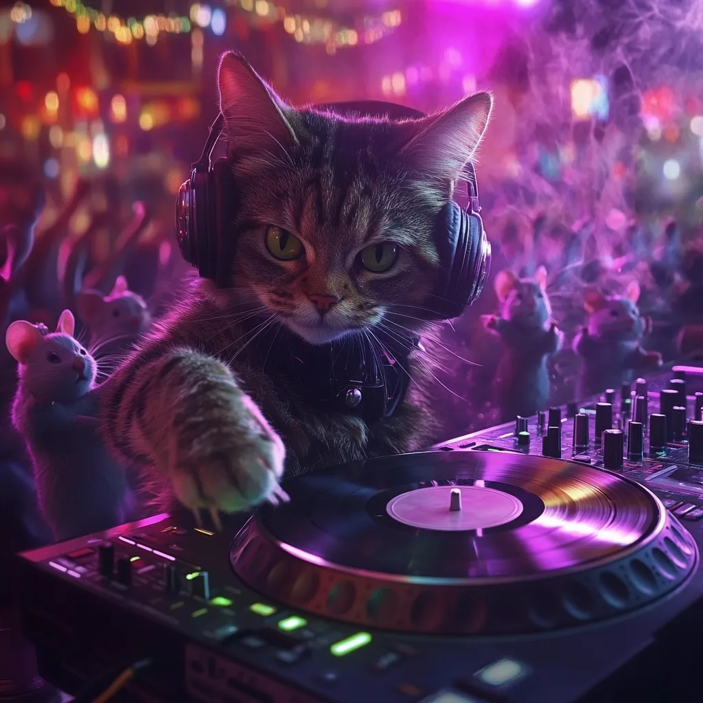 A tabby cat, wearing headphones, is the star DJ at a vibrant nightclub.  Surrounded by a cheering crowd of mice, the cat intently mixes music on a professional turntable.  The scene is awash in purple and pink neon lighting, creating a dynamic and energetic atmosphere. The cat's focused expression and poised paw on the turntable suggest a skilled performance.