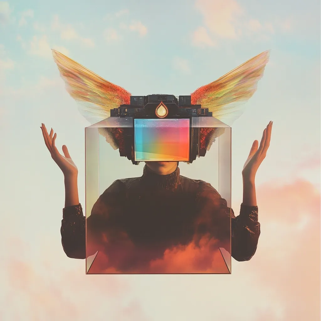 A surreal digital artwork depicts a person seemingly encased within a transparent cube against a pastel sky.  The figure wears a complex headpiece incorporating large, iridescent wings and a vibrant rectangular screen displaying a spectrum of colors. Their arms are outstretched, palms up, suggesting acceptance or revelation. The overall mood is one of ethereal mystery and technological transcendence. The soft lighting and cloudy background enhance the dreamlike quality of the image.