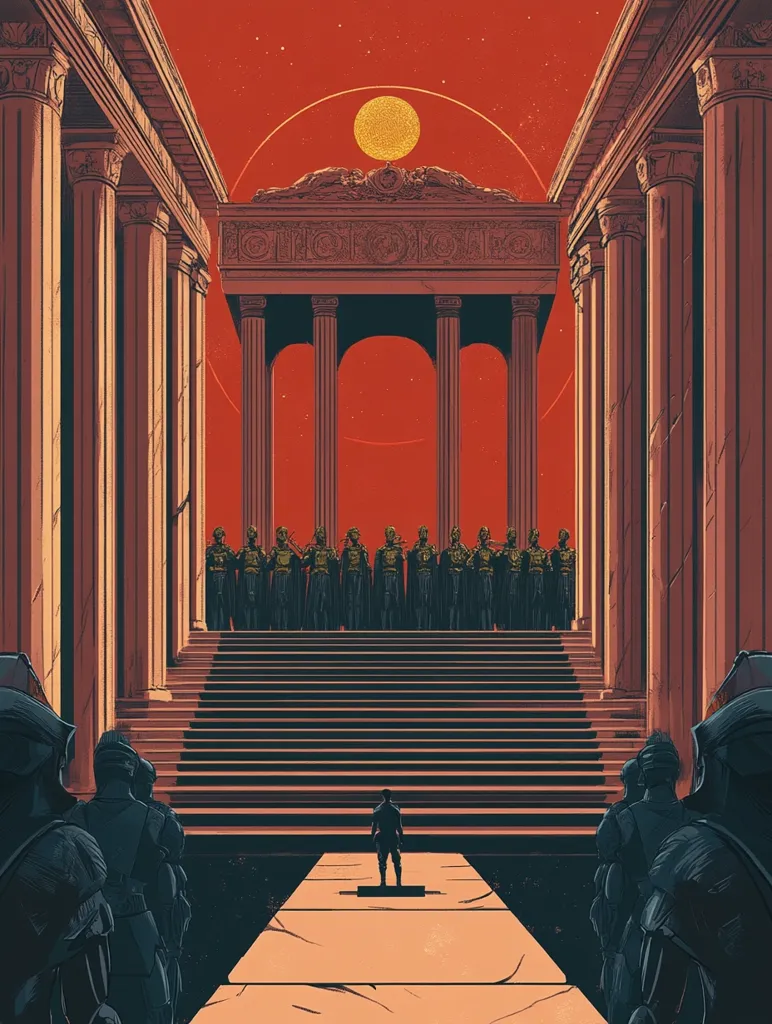 The illustration depicts a lone figure standing before a grand staircase leading to a classical-style temple.  A large, stylized sun dominates the red sky above.  Rows of robed figures are positioned on the temple steps, creating a sense of formality and perhaps judgment. The architectural style evokes ancient Greece or Rome, enhancing the feeling of power and solemnity.  The overall aesthetic is dramatic and stylized, suggesting a narrative of confrontation or significant event.