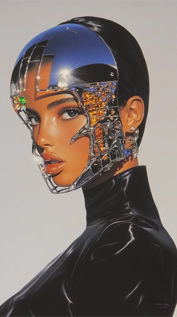 Here's a description of the image:

The artwork depicts a woman with dark hair, wearing a sleek, black, high-necked top.  Her face is partially obscured by a futuristic, metallic helmet or mask. The helmet is chrome, reflecting light, and features intricate, gold-toned internal detailing suggesting complex machinery.  The woman's skin is a rich, warm tone, and her expression is serious and slightly enigmatic. The overall style is hyperrealistic, blending elements of fashion and science fiction to create a striking visual.  The image has a polished, almost glossy, quality.