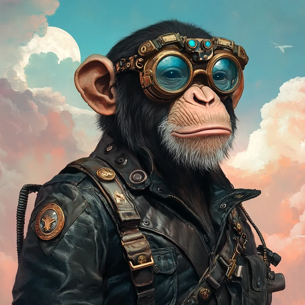 Here's a description of the image:

The artwork depicts a chimpanzee, strikingly rendered in a style that blends photorealism with fantasy elements. The chimp is the focal point, wearing a dark leather aviator jacket adorned with various straps and metallic embellishments, including circular badges.  A pair of steampunk-style goggles with teal lenses rests on its head, adding a futuristic touch.  The background features a dreamy, pastel sky with clouds and a partial moon, suggesting a whimsical, perhaps adventurous setting. The overall impression is one of a sophisticated, rugged, and adventurous primate.