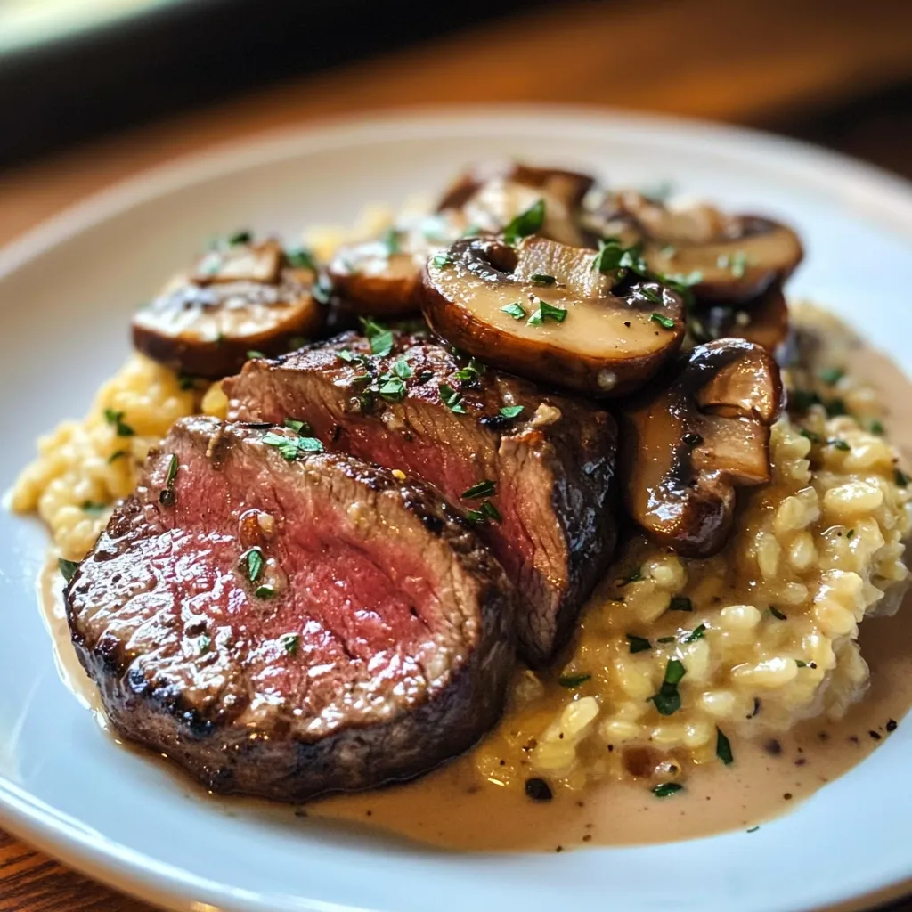 Here's a description of the image:

A close-up shot showcases a delectable plate of food.  Sliced filet mignon, cooked to a perfect medium-rare, rests atop creamy risotto.  The steak is glistening, and its pink interior is visible.  Sautéed mushrooms, generously glazed, are artfully arranged on top of the steak. Fresh parsley sprigs garnish both the steak and risotto, adding a touch of vibrant green. The entire dish is bathed in a rich, creamy sauce, enhancing its visual appeal and suggesting a sophisticated flavor profile.  The pale blue plate provides a clean contrast to the warm tones of the food.
