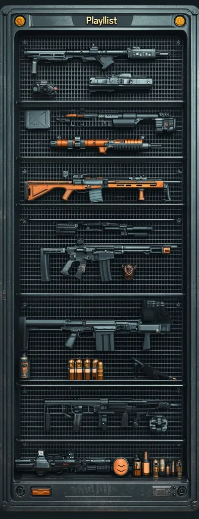 Here's a description of the image:

The image shows a dark gray metal cabinet with a mesh front, labeled "Playlist" at the top.  Inside, various firearms are neatly arranged on shelves.  The weapons are predominantly dark-colored, with a few orange accents visible.  Several shelves also display small items, possibly ammunition or accessories. The overall aesthetic is industrial and tactical, suggesting a secure storage or display for weaponry. The cabinet has a futuristic or sci-fi feel, with rounded corners and metallic detailing.
