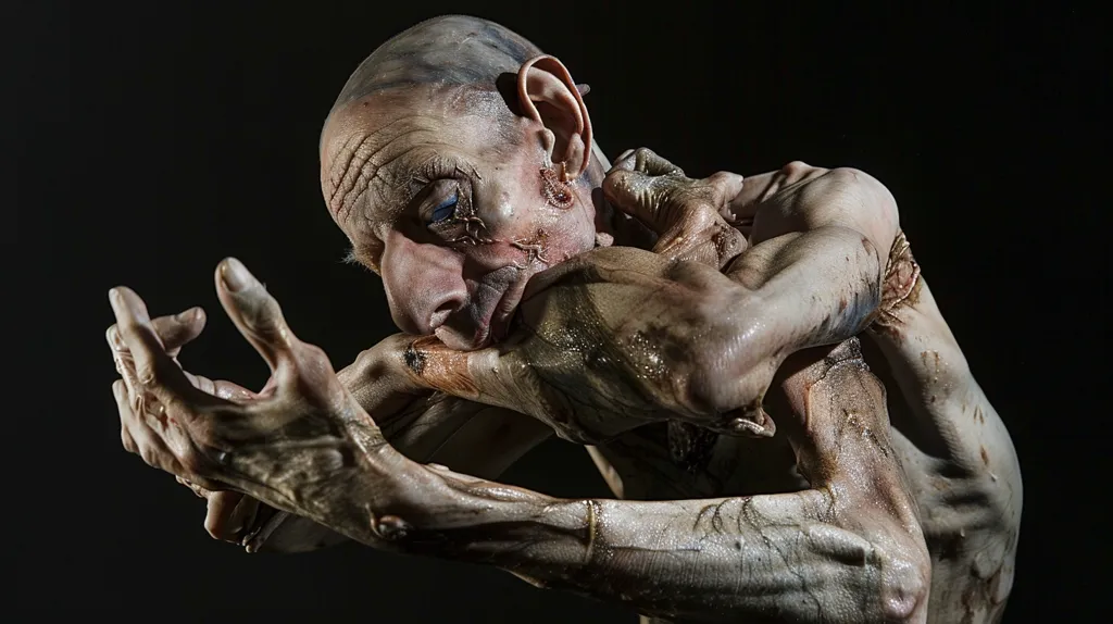 The image shows a close-up of a sculpted figure, possibly representing a human, in a contorted posture. The figure's skin is textured and appears aged or diseased, with visible wrinkles, discolorations, and what seems to be scarring.  The limbs are thin and emaciated, and the overall effect is one of fragility and suffering.  The dark background emphasizes the figure's gaunt form. The style suggests a focus on texture, detail, and emotional expression.