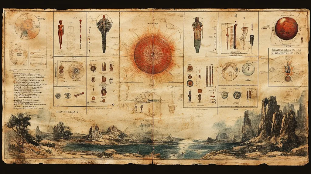 This image depicts an antique, parchment-like document filled with intricate diagrams and sketches.  It resembles an ancient map or scientific treatise.  The central feature is a large, radiating sun-like symbol.  Surrounding it are smaller illustrations including human figures, celestial bodies, architectural designs, and technical drawings. A landscape scene at the bottom shows a rocky, desolate shoreline. The overall style suggests a fantastical or mythological context, possibly from a fictional world or ancient civilization. The aged appearance adds to its mysterious and intriguing quality.