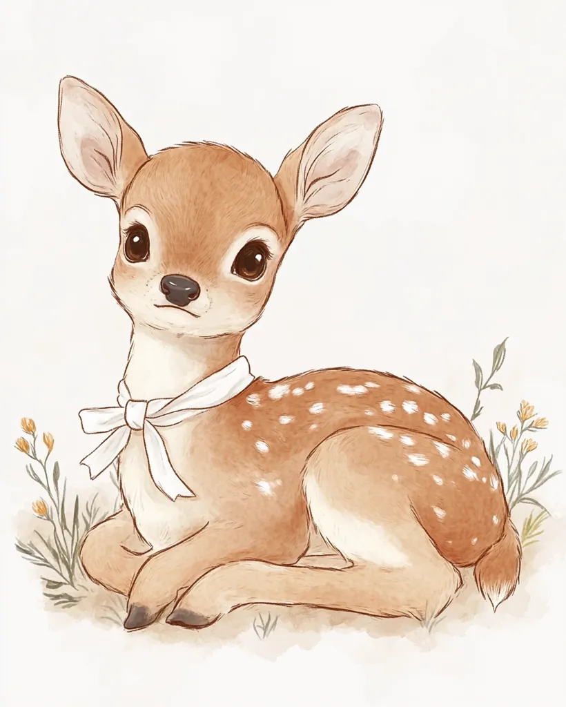 Here is a description of the image:

The illustration showcases an adorable fawn, lying down, its body adorned with delicate white spots.  Its large, expressive eyes and small, upturned nose contribute to an endearingly innocent expression.  A simple white bow adorns its neck.  The fawn rests in a subtly rendered grassy patch with small yellow wildflowers adding a touch of springtime charm. The overall style is soft and whimsical, employing a muted color palette reminiscent of watercolor painting.  The background is a plain off-white, ensuring the fawn remains the focal point.