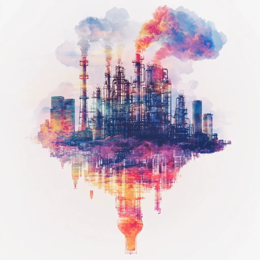 Here's a description of the image:

The image is a watercolor-style rendering of an industrial refinery complex.  Tall smokestacks emit plumes of colorful, smoke-like clouds, suggesting pollution. The refinery is depicted with a mirrored reflection below, creating a surreal, almost inverted effect. The overall color palette is vibrant, with purples, oranges, and blues dominating the scene. The style blends realism with an artistic, almost dreamlike quality, possibly symbolizing the environmental impact of industry.  Buildings surround the refinery, further emphasizing its urban context.