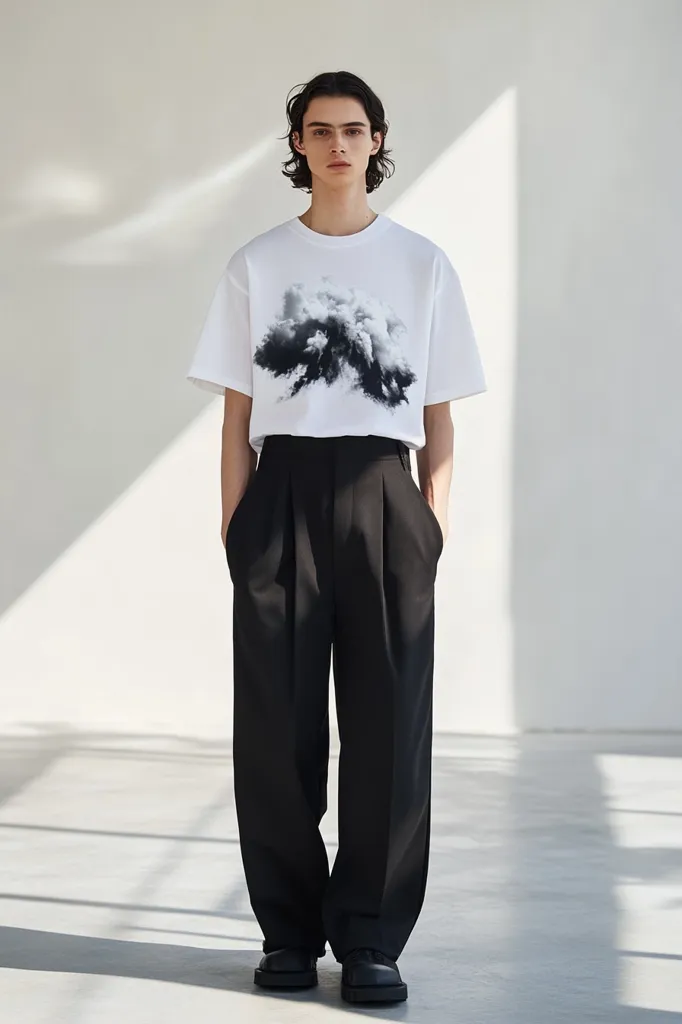 A young man with dark hair models minimalist attire. He wears a loose-fitting, white, short-sleeved t-shirt featuring a grayscale print of a stylized cloud formation.  His trousers are high-waisted, black, and wide-legged, creating a relaxed silhouette.  He is wearing dark, possibly leather, shoes. The backdrop is a simple, bright studio space, highlighting the clothing. The overall aesthetic is clean and modern.
