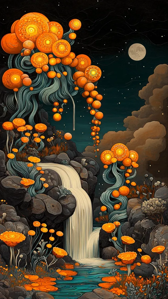 A fantastical digital painting depicts a moonlit night scene.  A waterfall cascades down dark, rocky terrain, flowing into a pool surrounded by luminous, orange bioluminescent fungi.  These fungi grow in clusters, some resembling large, ornate blossoms, others hanging like glowing orbs from sinuous, dark stems.  The overall style is surreal and dreamlike, evoking a sense of magical realism and otherworldly beauty.  The starry night sky and full moon provide a celestial backdrop to this enchanting landscape.