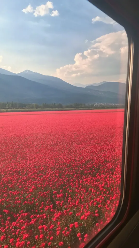 Here's a description of the image:

Viewed from a train window, a vast field of vibrant red flowers stretches to the horizon. The flowers, densely packed, create a sea of red against a backdrop of rolling, softly lit mountains under a partly cloudy sky.  The mountains are a muted blue-gray, contrasting with the intense redness of the blossoms. The scene evokes a feeling of serene beauty and expansive nature. The train window frame is visible, grounding the viewer in the perspective of travel.