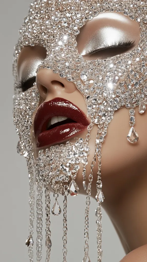 Close-up of a woman's face adorned with a dazzling silver mask.  The mask is encrusted with countless sparkling crystals and pearls, cascading down her face in delicate chains.  Her makeup is subtly glamorous, with shimmering eyeshadow and deep burgundy lipstick contrasting beautifully with the mask's brilliance. The overall effect is one of opulent, ethereal beauty.