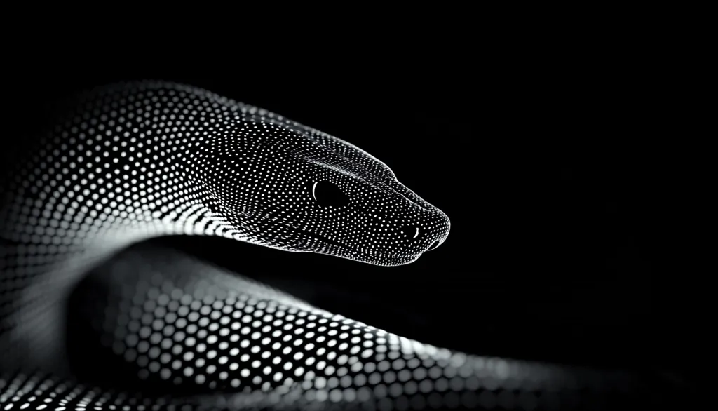 Here's a description of the image:

The image is a striking close-up of a snake rendered in a unique, pointillist style.  The snake, primarily dark, is composed entirely of small, densely packed white dots, creating a sense of depth and texture.  Its form is sinuous and elegant, with the head sharply defined against a completely black background, highlighting its features. The overall effect is both modern and slightly abstract, suggestive of digital art or a technological representation of nature. The contrast between the white dots and the black background is dramatic and visually arresting.