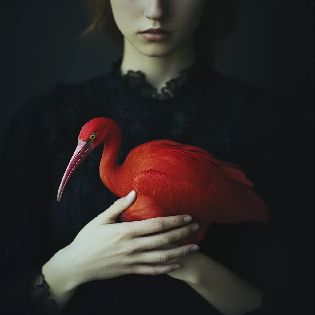 A young woman, dressed in a dark, lacy top, gently cradles a vibrant scarlet ibis.  The bird's plumage is richly colored, contrasting with the woman's pale skin and somber attire.  The dark background and moody lighting create a dramatic and mysterious atmosphere, focusing attention on the intimate interaction between the woman and the exotic bird. The image evokes a sense of quiet contemplation and perhaps a hint of the surreal.