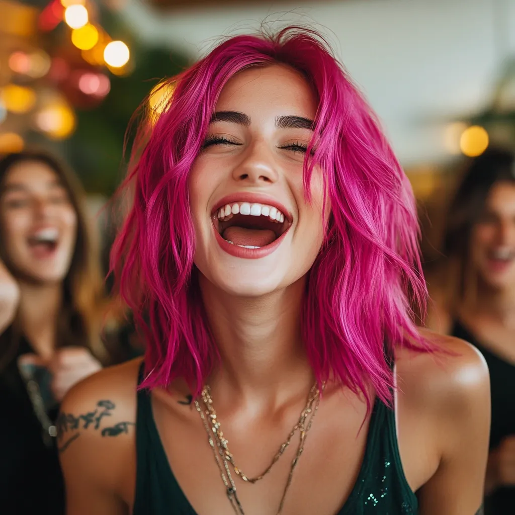 Close-up of a young woman with vibrant pink, wavy shoulder-length hair.  She's laughing heartily with her eyes closed, showcasing a bright, genuine smile.  She's wearing a dark-colored tank top and several necklaces.  Two other women with blurred features are visible in the background, suggesting a fun, social setting. The overall mood is cheerful and carefree.