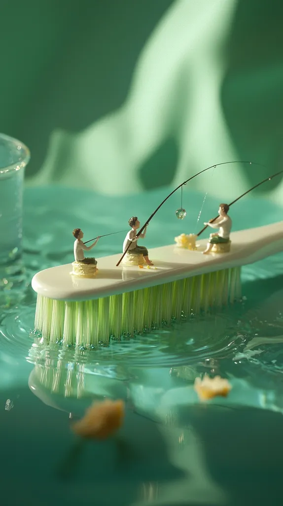 Here's a description of the image:

The photograph showcases a whimsical miniature scene. Three tiny fishermen, seated on a toothbrush handle afloat in teal water, are engrossed in fishing.  Their fishing rods, thin and delicate, extend across the frame.  One line has caught a small, glittering orb. The toothbrush bristles form a lush, submerged landscape. The background features a soft, out-of-focus teal fabric, creating a dreamy, surreal atmosphere.  The overall composition is playful and imaginative, blurring the line between the mundane (a toothbrush) and the fantastical (miniature fishermen).
