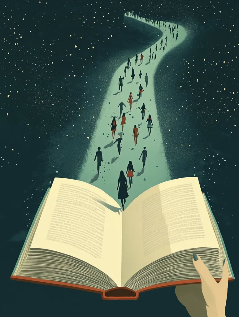 A large open book forms a path stretching across a starlit night sky.  Tiny figures walk along this illuminated pathway, their journey seemingly leading into the vast unknown. The scene evokes a sense of adventure, exploration, and the transformative power of literature, suggesting the book acts as a guide or gateway to countless experiences and destinations.  A hand gently holds the book, implying a deliberate choice to embark on this literary journey.