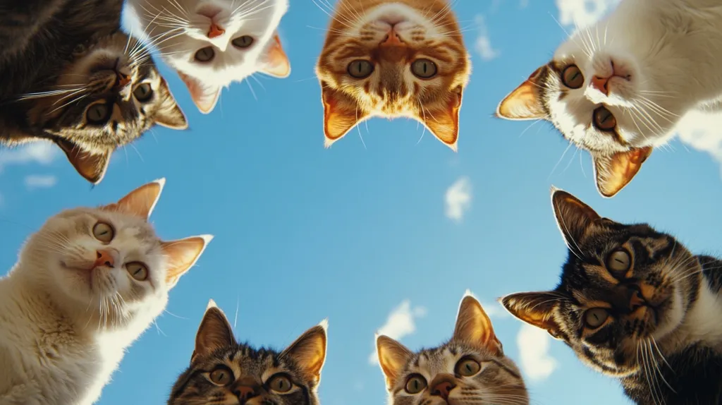 Eight cats of varying colors and patterns are arranged in a circle against a bright blue sky.  Viewed from a low angle, they appear to be looking down at the camera, creating a playful and whimsical composition. The cats' expressions range from curious to slightly mischievous, adding to the overall lighthearted mood of the image.  The clear sky provides a stark contrast to the felines' fur, making them stand out prominently.