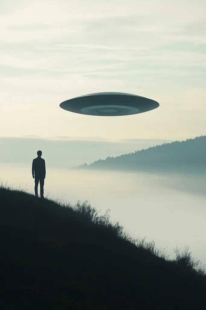 Here is a description of the image:

A solitary figure stands silhouetted against a misty landscape, gazing upward at a classic, saucer-shaped UFO hovering in the pale sky. The man is positioned on a gently sloping hill, the foreground and background obscured by a soft, ethereal fog. The distant horizon reveals a dark line of trees, partially veiled by the atmospheric haze. The overall mood is one of mystery and quiet contemplation, suggestive of a first contact scenario. The image is primarily in shades of grey and muted tones, enhancing the sense of mystery.