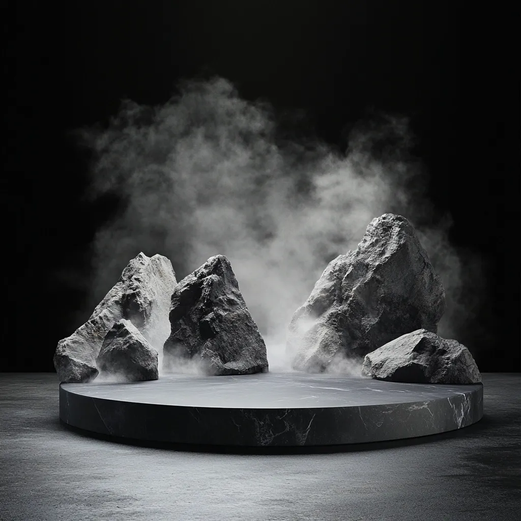 Here is a description of the image:

A dark, moody image features a circular, black marble podium encircled by several dark gray, rocky formations. The rocks appear rough-textured and imposing, suggesting a mountainous landscape. A hazy, ethereal mist or smoke obscures portions of the scene, lending an air of mystery and drama. The entire setting is minimalist, with a stark contrast between the dark rocks, the smooth marble, and the lighter smoke, all set against a completely black background. The overall effect is one of sophistication and dramatic visual impact, possibly for product display or artistic purposes.