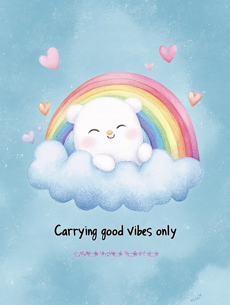 A cheerful illustration depicts a cute, smiling polar bear nestled in a fluffy cloud beneath a vibrant rainbow.  Pastel-colored hearts float around the scene, set against a soft blue sky. The text "Carrying good vibes only" is prominently displayed, adding to the positive and uplifting mood of the image, which is styled with a watercolor effect.  The overall aesthetic is whimsical and charming.