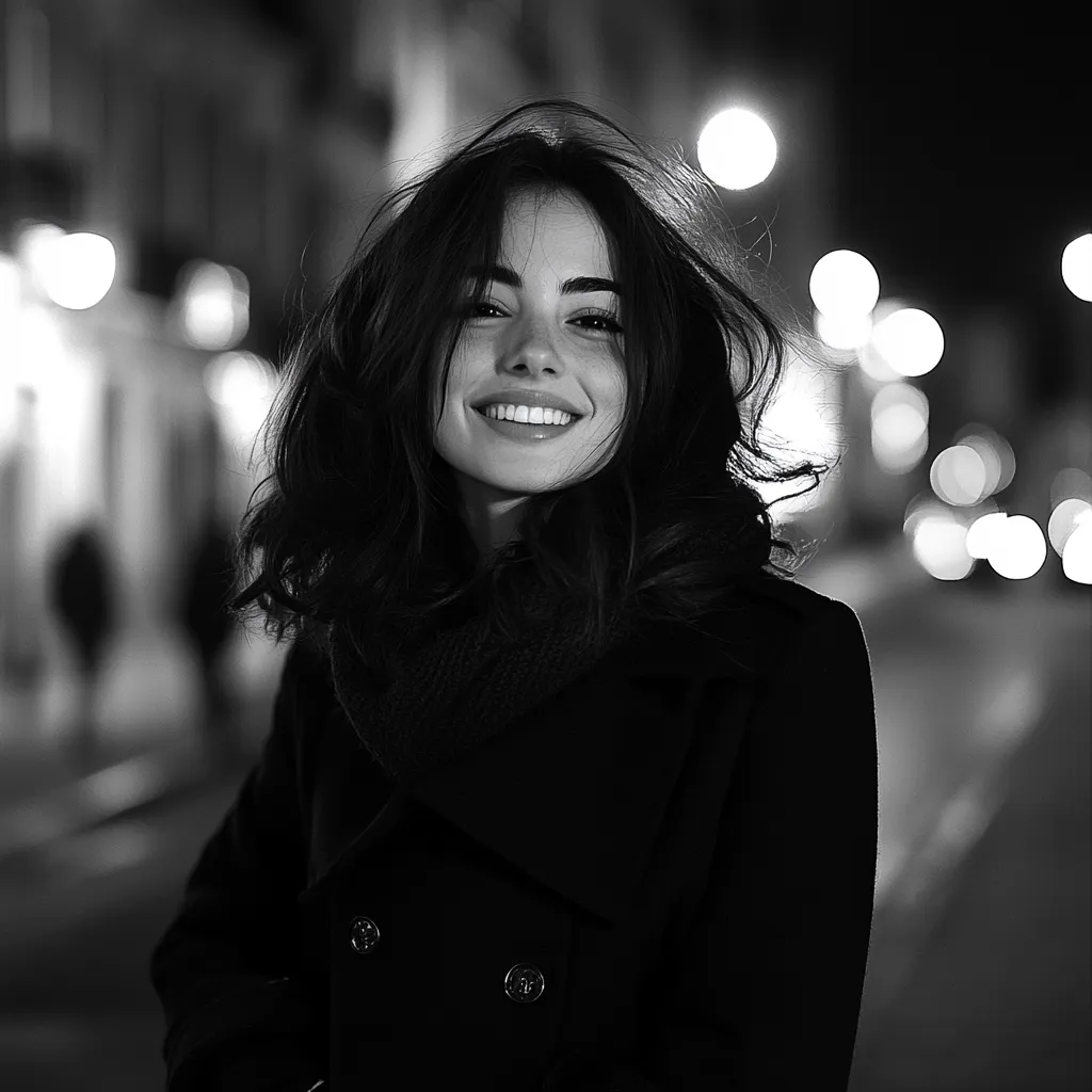 A black and white portrait of a young woman with shoulder-length, slightly wavy hair. She's smiling warmly, her face lit by the soft glow of city lights blurred in the background. She wears a dark coat, a scarf partially visible around her neck. The overall mood is serene and romantic, enhanced by the monochrome palette and the night-time setting.  The bokeh effect emphasizes her as the focal point.