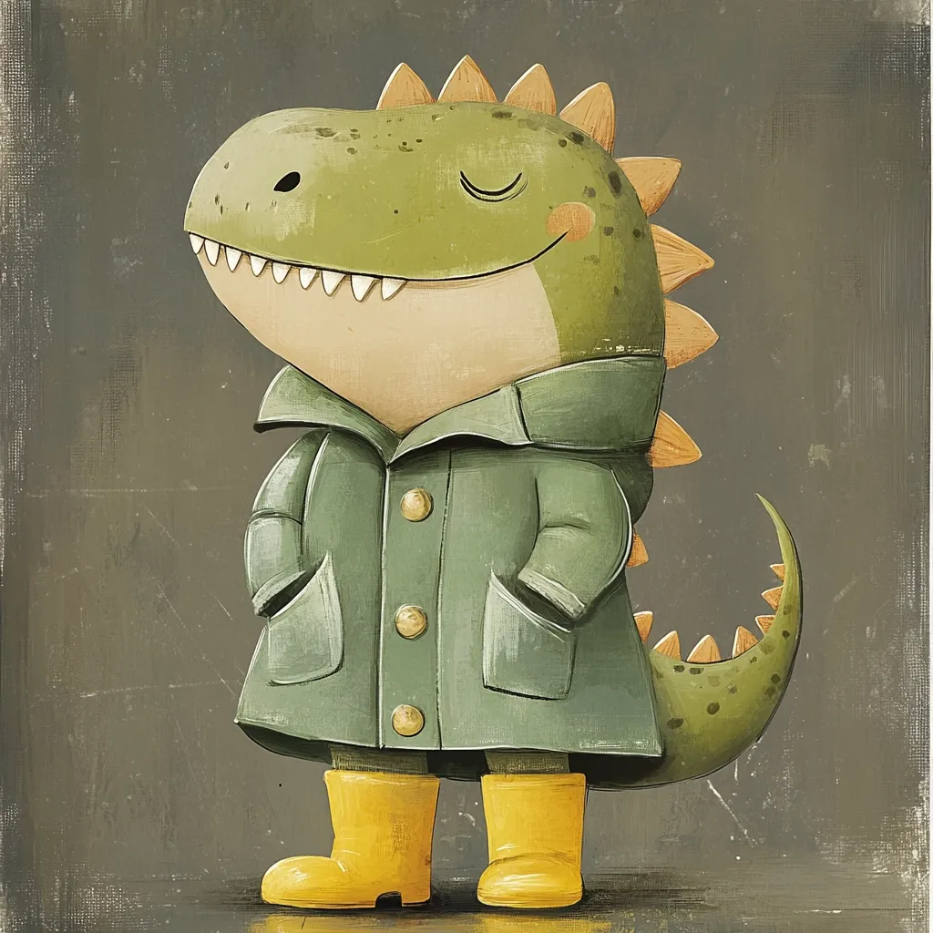 A cheerful, cartoonish dinosaur, predominantly green with orange spines, is depicted wearing a muted green raincoat and bright yellow rain boots.  Its expression is content and slightly mischievous, its eyes closed in a gentle smile. The dinosaur's hands are tucked into its pockets. The background is a textured, dark grayish-green, providing a contrast to the brightly colored dinosaur. The style is reminiscent of children's book illustration.