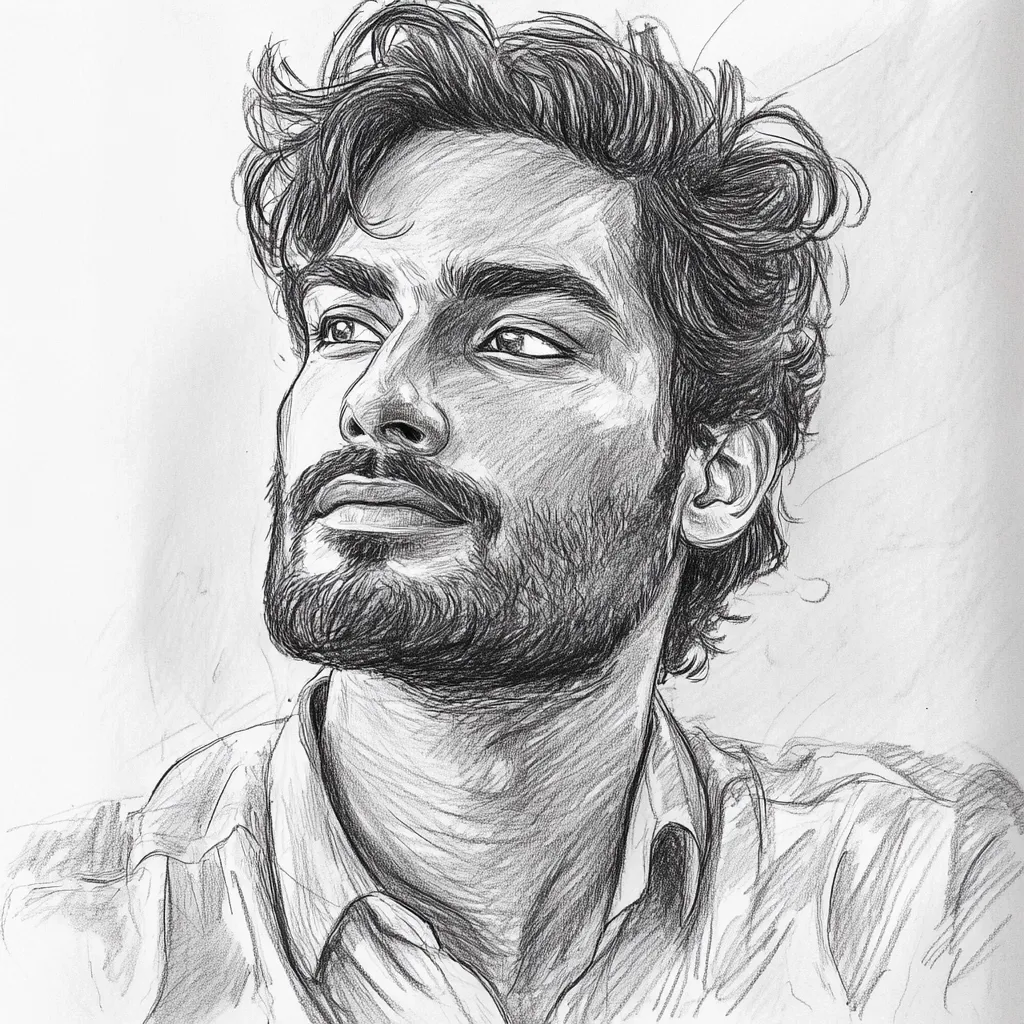 Here's a description of the image:

A striking pencil sketch captures a young man with a contemplative gaze. His face, detailed with meticulous shading, reveals a well-defined jawline and a neatly trimmed beard.  His hair is styled in soft, tousled waves, adding to his relaxed yet handsome appearance. He's dressed in a collared shirt, suggested through subtle shading and textural lines. The overall style is realistic, showcasing impressive skill in capturing light and shadow to create depth and dimension. The background is a simple white, ensuring the focus remains entirely on the subject.