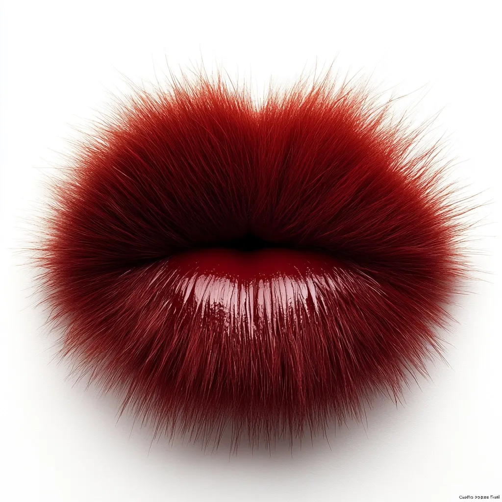 Here's a description of the image:

The image showcases a close-up of a pair of lips rendered in a striking, surreal style.  The lips are depicted as being covered in a thick, dark reddish-brown fur, creating a luxurious, almost animalistic texture.  The visible part of the lips beneath the fur has a glossy, high-shine dark red lipstick finish. The contrast between the soft fur and the smooth, shiny lipstick creates a captivating visual effect, set against a stark white background. The overall style is highly stylized and artistic.