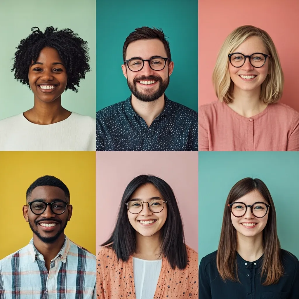 Here's a description of the image:

The image is a composite of six headshots, each set against a different pastel-colored background (mint green, teal, dusty rose, mustard yellow, blush pink, and aqua).  Three women and three men are featured, all appearing to be young adults.  They are diverse in ethnicity and hair styles. Some individuals wear glasses. All are smiling directly at the camera, creating a friendly and approachable feel. The arrangement suggests a team or group portrait, emphasizing diversity and inclusion.
