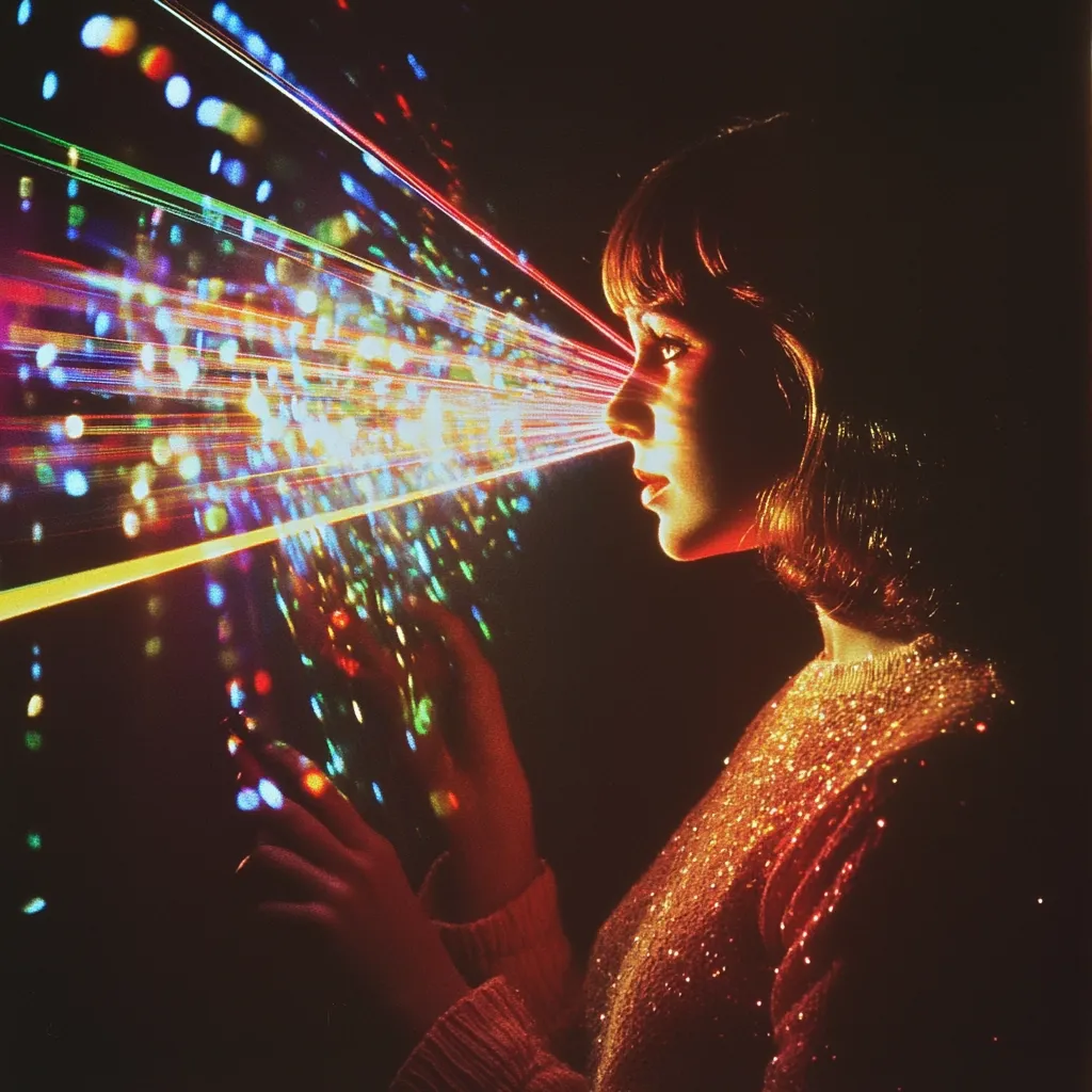 A young woman with shoulder-length brown hair, wearing a sparkly reddish-brown sweater, stands in profile against a black background.  Vibrant, multicolored light streaks emanate from an unseen source, converging on her face and seemingly entering her eyes.  The light creates a dazzling, almost otherworldly effect, suggesting a futuristic or fantastical scene. The image has a retro, possibly 1970s, aesthetic.