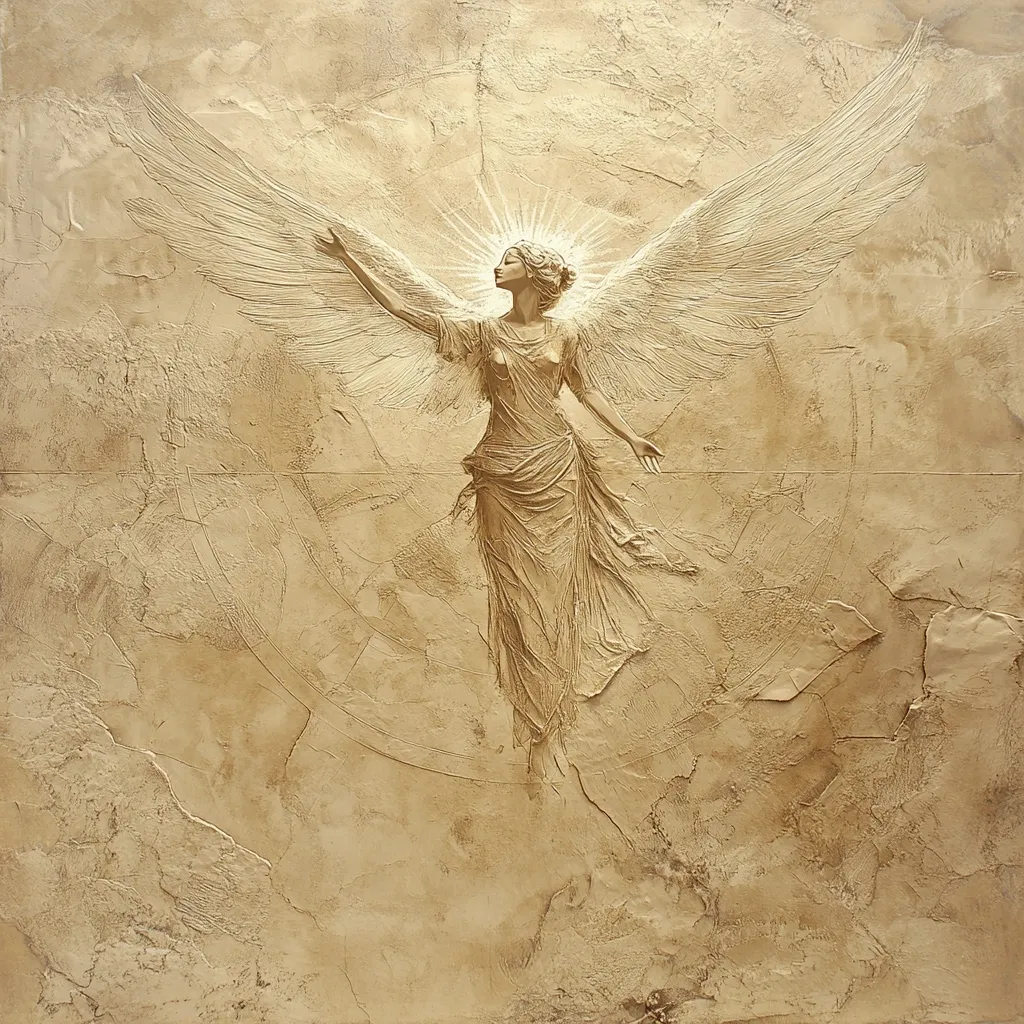 Here's a description of the image:

The image shows a bas-relief sculpture of an angel on a textured, beige background. The angel, depicted in a flowing robe, has large wings extending outwards.  A radiant light emanates from above her head. The style is classical, with the angel's pose and drapery suggesting a sense of grace and serenity.  The background has a rough, almost stucco-like texture, contrasting with the smoother surface of the sculpted angel. The overall effect is one of ethereal beauty and spiritual significance.