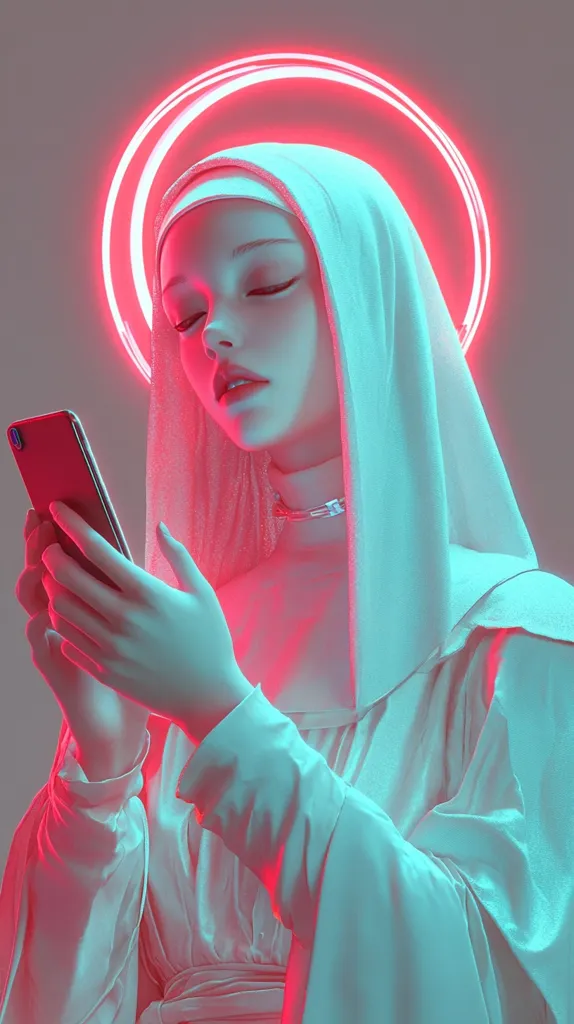 Here's a description of the image:

The image is a stylized portrait of a woman, seemingly a nun or someone in similar attire, dressed in a flowing, light teal robe with a hood.  She is illuminated by vibrant, contrasting neon lighting; a bright pink halo encircles her head.  Her expression is serene as she looks down at a red smartphone she holds in her hands. The overall aesthetic is a blend of religious iconography and futuristic cyberpunk elements, creating a visually striking and thought-provoking juxtaposition.  The color palette is limited, with the teal and pink dominating, enhancing the image's otherworldly feel.