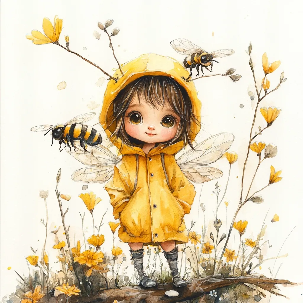 A charming watercolor painting depicts a whimsical girl, resembling a fairy, with large eyes and brown hair. She is dressed in a bright yellow raincoat with a hood, and delicate, translucent wings sprout from her back.  Two bumblebees hover nearby, one perched on a branch above her head.  The girl stands on a small log amidst a field of delicate yellow wildflowers, creating a serene and enchanting scene.  The style is soft and delicate, emphasizing cuteness and fantasy.