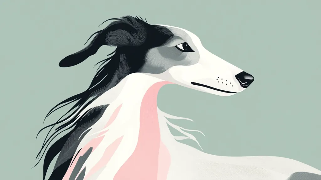 Here's a description of the image:

The illustration showcases a stylized profile of a long-haired dog, possibly a breed of sighthound, set against a muted sage green backdrop.  The dog's coat is depicted in a palette of black, white, and soft pink, with the black concentrated in its long, flowing mane and ears. The pink highlights the underside of its neck and blends subtly into the white of its body. The style is minimalist and graphic, emphasizing clean lines and flat color blocks. The overall effect is elegant and modern.