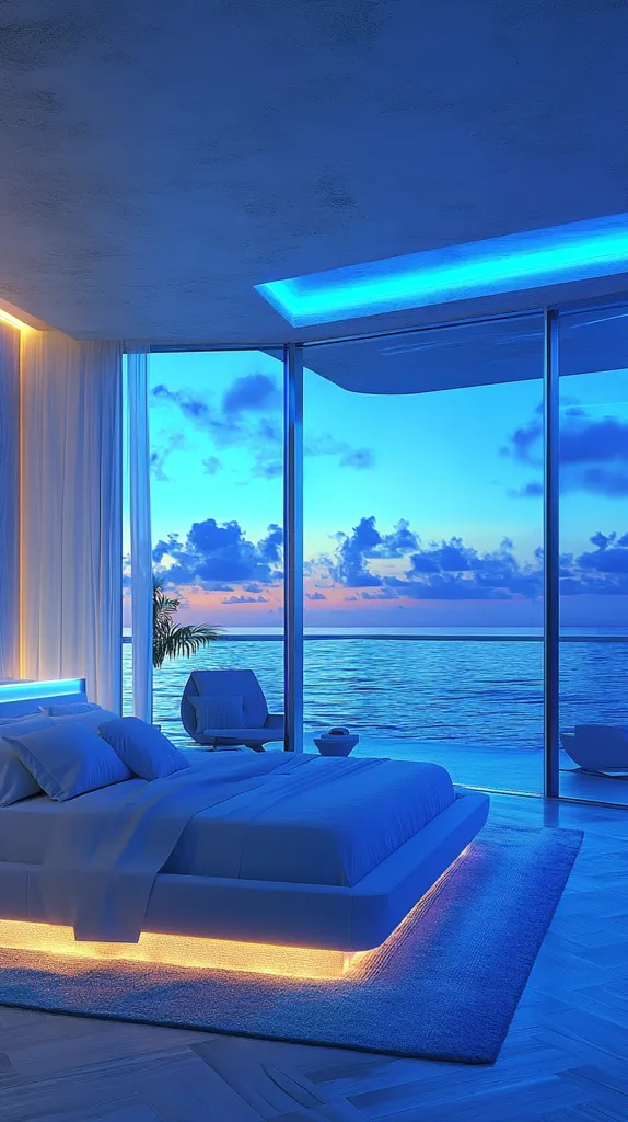 Here's a description of the image:

The image showcases a luxurious bedroom at twilight, bathed in cool blue hues.  A modern, white platform bed with integrated warm-toned LED lighting sits centrally, facing floor-to-ceiling windows offering a breathtaking ocean view.  The serene seascape, painted with soft sunset colors and fluffy clouds, is the backdrop.  Subtle blue LED lighting accents the ceiling and walls, enhancing the calming atmosphere.  A minimalist chair sits near the window, completing the tranquil and upscale ambiance. The room's design is clean and sophisticated.