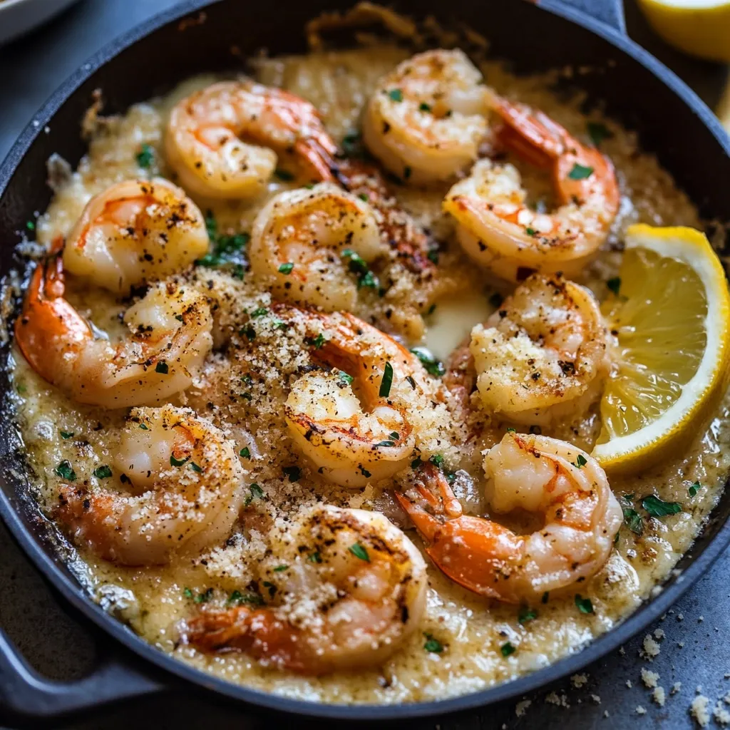 Here's a description of the image:

A cast iron skillet overflows with succulent shrimp simmering in a creamy, subtly browned sauce.  The shrimp are generously seasoned, possibly with herbs and parmesan cheese, giving them a speckled appearance.  A wedge of lemon rests on the edge, adding a pop of color and hinting at a bright, citrusy flavor profile.  Fresh parsley is visible throughout the dish, adding a touch of green. The overall presentation is rustic and inviting, showcasing a simple yet delicious seafood dish.