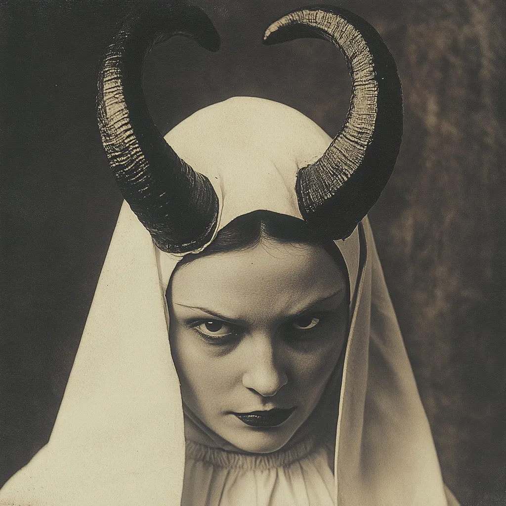 Here's a description of the image:

The sepia-toned photograph presents a woman, her face partially obscured by a white, hooded garment reminiscent of a nun's habit.  Large, dark, curving horns sprout from beneath the hood, creating a stark contrast between the seemingly pious attire and the demonic headwear.  Her gaze is intense and direct, challenging the viewer. The background is dark and indistinct, focusing attention solely on the woman and her unsettling juxtaposition of religious symbolism and satanic imagery. The overall mood is one of dark mystery and intrigue.
