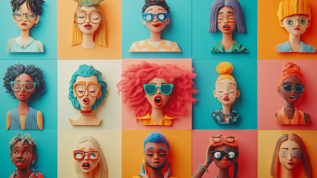 A grid of sixteen stylized 3D-rendered busts depicts diverse young adults, each with unique hairstyles, skin tones, and eyewear.  The vibrant, colorful background complements the playful aesthetic.  The individuals are expressively rendered, some with mouths open as if singing or speaking, while others have serene or surprised expressions.  The overall impression is one of modern, inclusive, and cheerful representation.