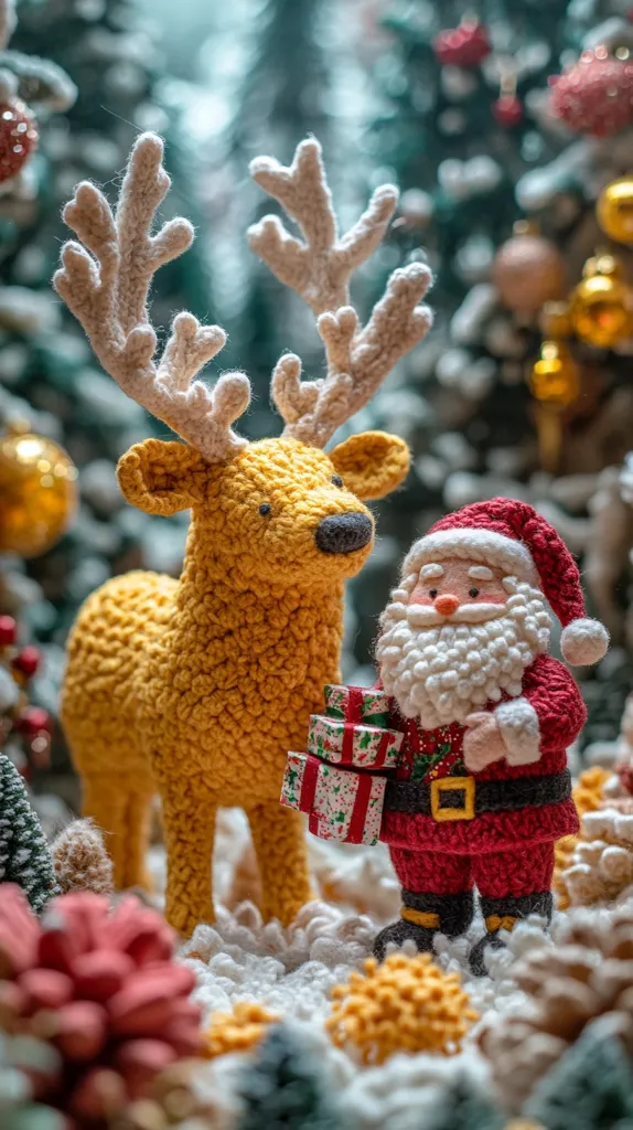 Here's a description of the image:

A charming Christmas scene features an intricately crocheted reindeer, a warm mustard yellow, standing beside a crocheted Santa Claus.  Santa, in his traditional red suit, holds a stack of small, festively wrapped presents.  The background is softly blurred, showcasing a snowy, evergreen forest with twinkling Christmas ornaments, creating a cozy and magical ambiance. The crocheted figures are the central focus, standing in a bed of textured, snow-like material. The overall style suggests handmade artistry and a heartwarming holiday spirit.
