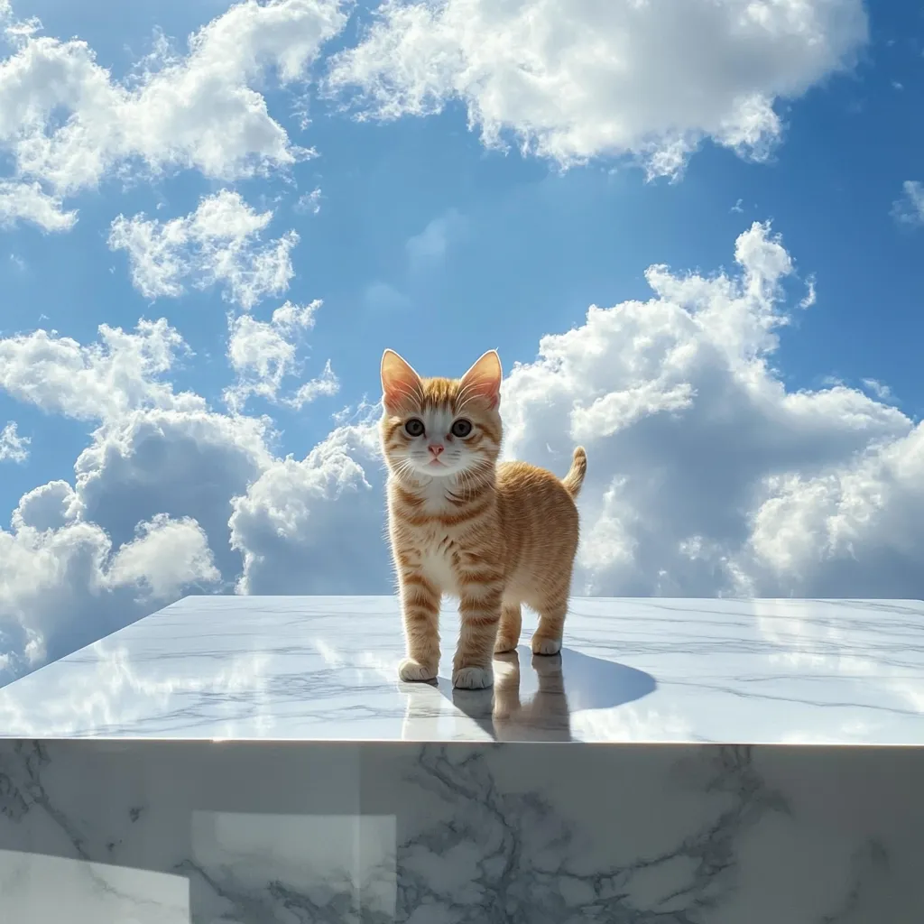 A fluffy ginger kitten stands proudly atop a smooth, white marble surface.  The backdrop is a vibrant blue sky dotted with fluffy white clouds, creating a dramatic contrast.  The kitten's orange fur stands out against the bright background, and its curious expression adds to the charming scene. The overall image evokes a feeling of serenity and lightness.