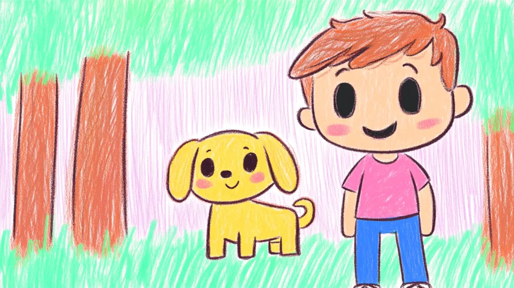 A crayon-like drawing shows a young boy and a small yellow dog in a whimsical forest setting.  The boy has large eyes and a cheerful expression, wearing a pink shirt and blue pants.  The dog sits calmly beside him.  The background features simple, colorful trees and grass, creating a childlike and innocent scene.  The overall style is reminiscent of children's drawings.