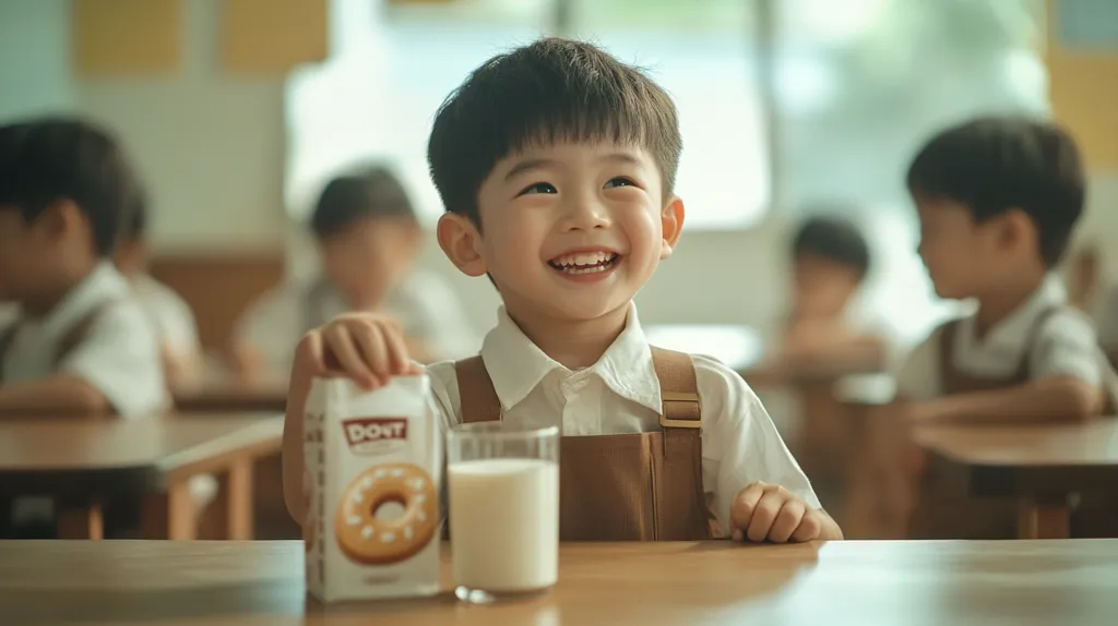 A cheerful young boy, dressed in a beige overall and white shirt, sits at a desk in a classroom.  He holds a box of donuts and a glass of milk, smiling broadly at something out of frame.  The background shows blurred images of other children at desks, suggesting a school setting. The overall mood is bright and happy, capturing a moment of simple joy during a school day.