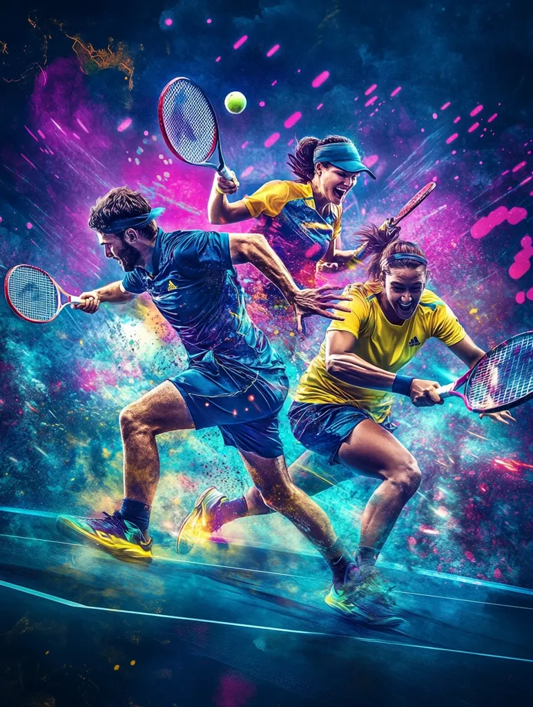 Here's a description of the image:

The image is a dynamic action shot of three tennis players in motion against a vibrant, abstract background of pink, blue, and purple hues.  Two men and a woman are shown mid-swing, racquets in hand, powerfully moving across the court.  The background suggests speed and energy with splashes of color that seem to explode around the players. The overall composition is energetic and visually striking, capturing the intensity and excitement of tennis. The players appear to be professionally dressed in sportswear.