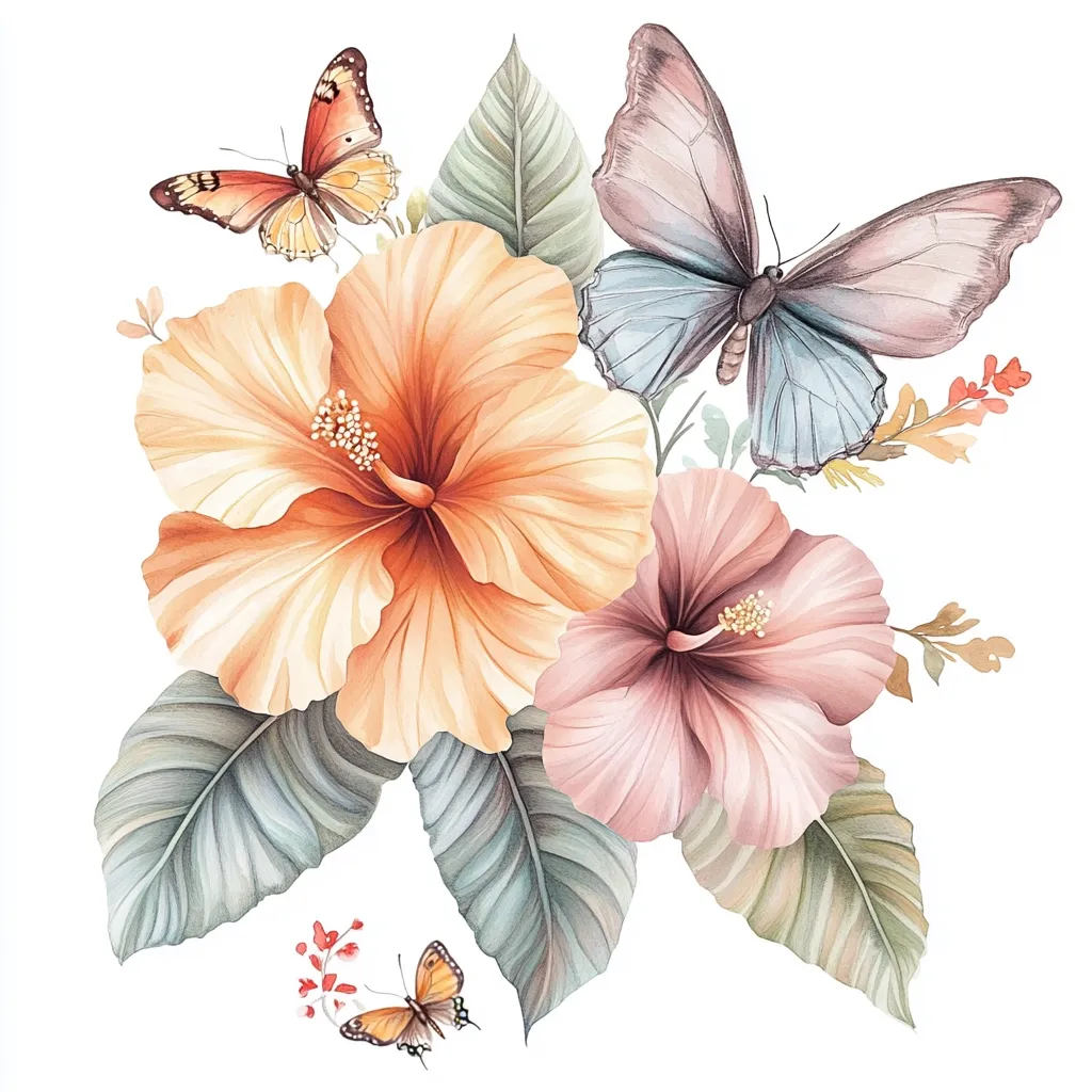 A watercolor painting showcases a vibrant bouquet of hibiscus flowers in peach and rose hues.  Two large hibiscus blossoms dominate the composition, surrounded by smaller blooms and lush, muted green leaves.  Two butterflies, one orange and one pale blue, add delicate accents, creating a serene and elegant floral arrangement. The style is soft and romantic, with a focus on subtle color variations and detailed botanical rendering.