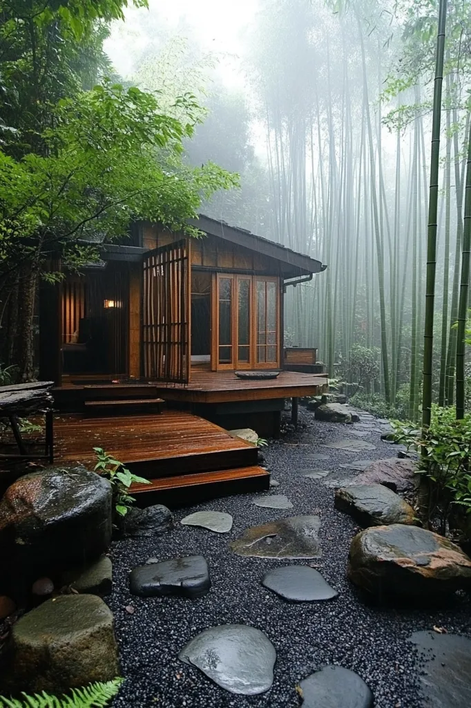 A serene Japanese-style cabin nestled within a misty bamboo forest.  The wooden structure features large windows and a spacious deck. A pathway of dark gravel and stepping stones leads from the cabin, creating a tranquil garden scene.  Large, wet rocks are scattered around the gravel, adding to the peaceful and slightly secluded ambiance. The overall mood is one of calm and quiet contemplation.