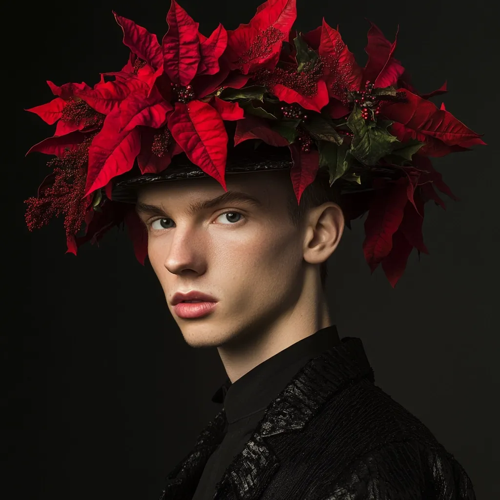 A young man with fair skin and short, dark hair is the focus of a close-up portrait against a dark background. He wears a unique hat crafted from vibrant red poinsettia blossoms and greenery, arranged in a circular crown shape.  His expression is serious and his gaze is directed slightly away from the camera.  He is dressed in a black textured jacket with a high collar, creating a sophisticated and slightly mysterious mood. The overall image is striking due to the dramatic lighting and the bold floral headpiece.