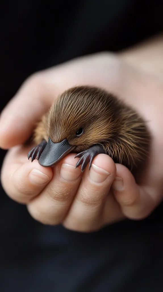 Here's a description of the image:

A tiny platypus pup, barely larger than a human thumb, rests gently in the palm of a hand.  Its brown, downy fur contrasts with its distinctive black bill.  The pup’s small claws are visible, and its eyes are partially closed, giving it a vulnerable and endearing appearance. The hand cradles it protectively against a dark, out-of-focus background, highlighting the delicate nature of the creature. The overall impression is one of tenderness and awe.