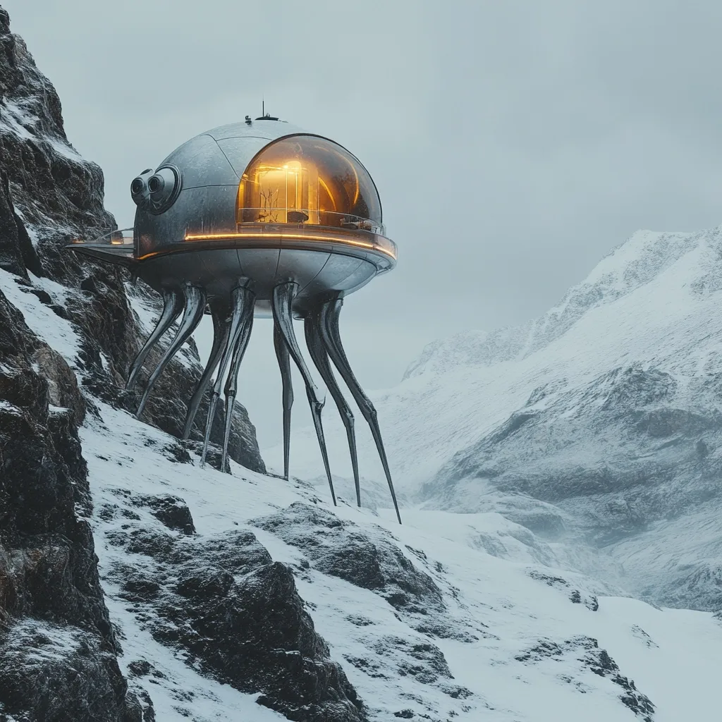 A futuristic, dome-shaped house, resembling a spacecraft on spindly legs, perches precariously on a snow-covered mountainside.  The interior glows with warm light, contrasting with the cold, grey landscape.  The structure is metallic, sleek, and appears modern, a stark juxtaposition against the rugged, wintry backdrop of snow-capped peaks and dark rock.  The scene evokes a sense of isolation and technological advancement in a remote, natural setting.