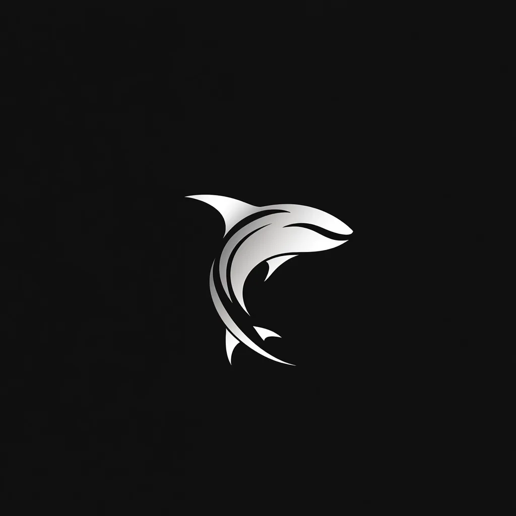 The image is a minimalist logo featuring a stylized shark leaping.  The shark is depicted in a silvery-white color against a stark black background. Its form is streamlined and dynamic, suggesting speed and power. The design is clean, modern, and impactful, suitable for a brand associated with strength, agility, or the ocean. The contrast between the shark and the background makes the logo easily recognizable and memorable.