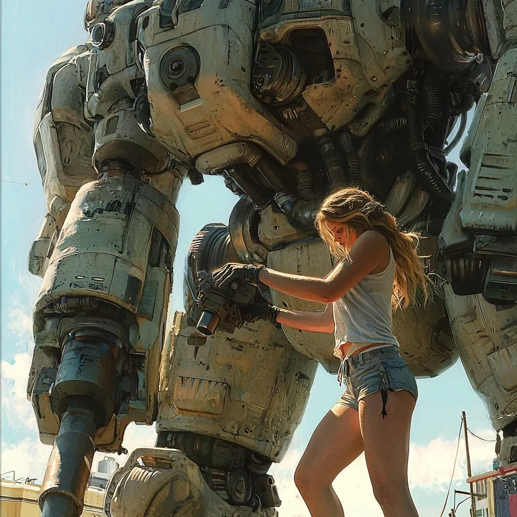 Here's a description of the image:

The image depicts a young woman with long blonde hair, wearing a white tank top and denim shorts, tending to a massive, imposing mecha. The mecha is predominantly off-white and beige, with a heavily textured, worn appearance suggesting age or battle damage.  Its design is complex, showcasing numerous mechanical details, pipes, and joints. The woman appears to be working on a weapon or piece of equipment attached to the mecha's leg. The setting appears to be outdoors, under a bright, sunny sky, with hints of a distant, simple structure in the background. The overall mood is a blend of futuristic science fiction and a hint of gritty realism.